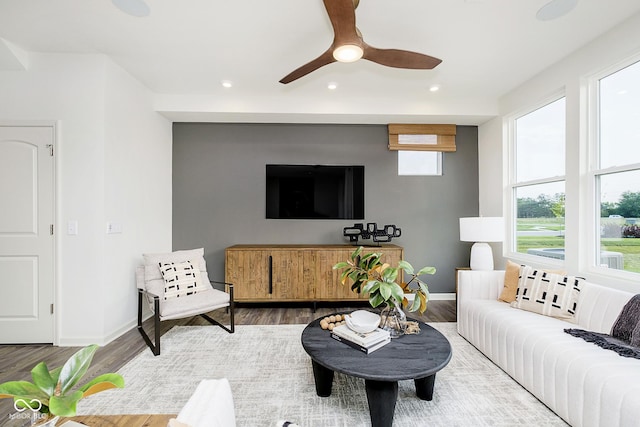 living room featuring hardwood / wood-style floors and ceiling fan