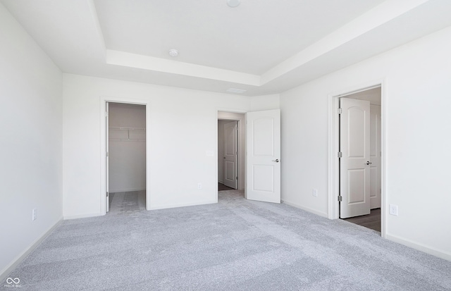 unfurnished bedroom with a spacious closet, a raised ceiling, and carpet flooring