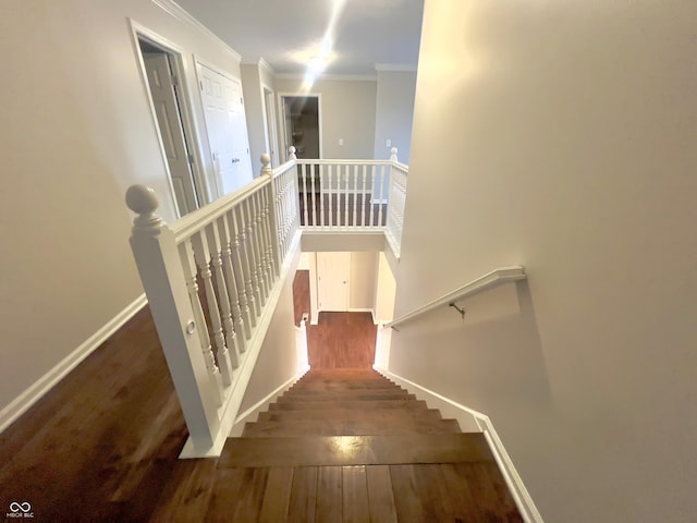 stairs featuring hardwood / wood-style floors, crown molding, and a high ceiling