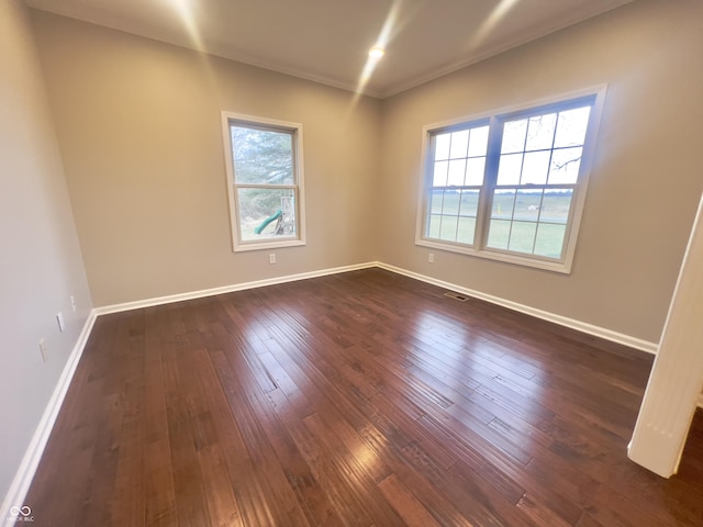 empty room featuring crown molding and dark hardwood / wood-style floors