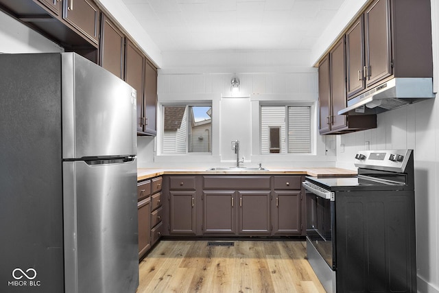 kitchen featuring dark brown cabinets, stainless steel appliances, sink, and light hardwood / wood-style flooring