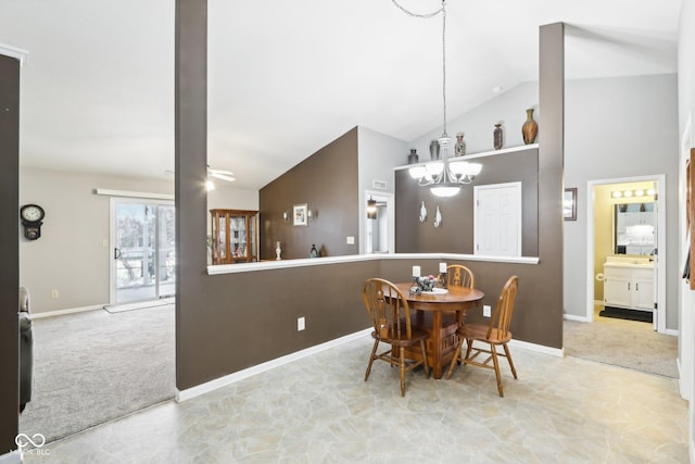 dining room featuring vaulted ceiling, light carpet, baseboards, and a notable chandelier