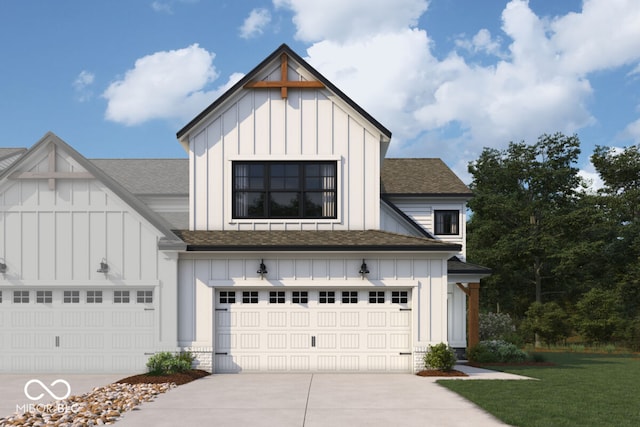 modern inspired farmhouse featuring concrete driveway, a shingled roof, and board and batten siding