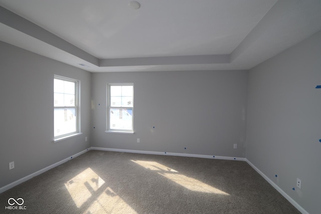 empty room with a tray ceiling, carpet, and baseboards