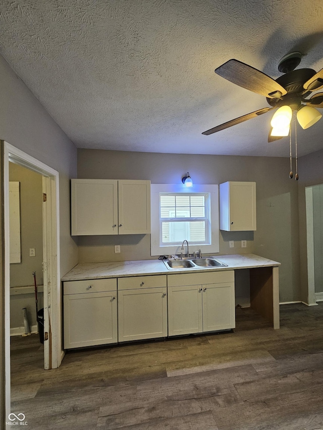 kitchen with sink, ceiling fan, dark hardwood / wood-style floors, a textured ceiling, and white cabinets