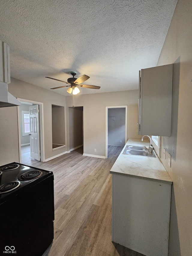 kitchen with sink, ceiling fan, light hardwood / wood-style floors, black range with electric stovetop, and a textured ceiling