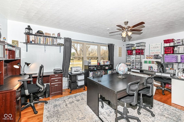 office space featuring ceiling fan, a textured ceiling, and light wood-type flooring