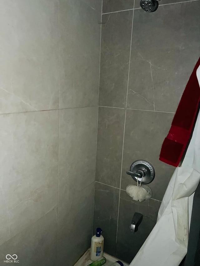 interior details featuring a shower with shower curtain