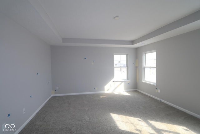 spare room featuring a tray ceiling, carpet, and baseboards