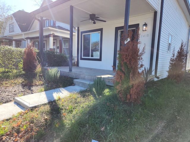 view of exterior entry with ceiling fan and covered porch