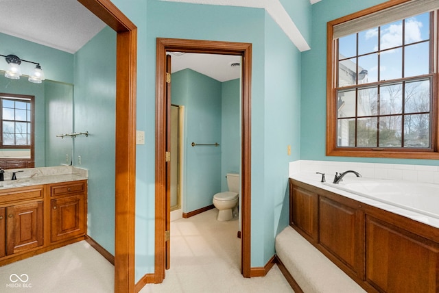 bathroom featuring a bath, vanity, toilet, and baseboards