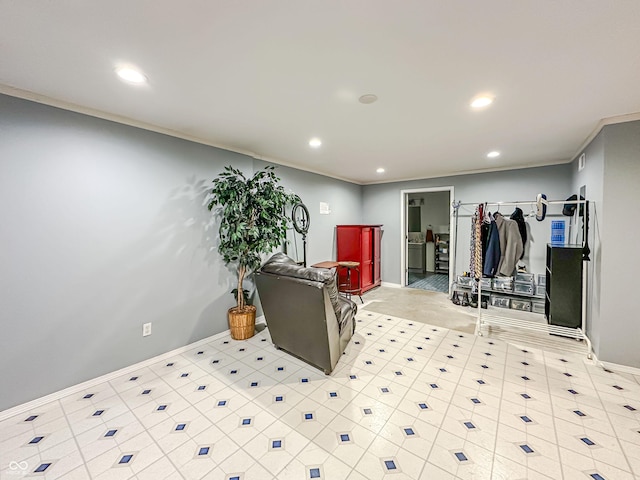 living room with ornamental molding