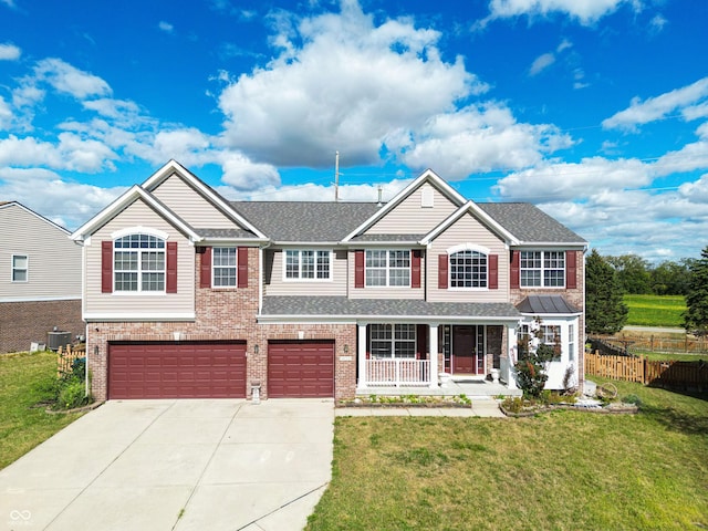 view of front of property featuring a garage, central AC unit, covered porch, and a front yard