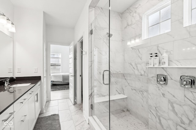 bathroom featuring vanity and walk in shower