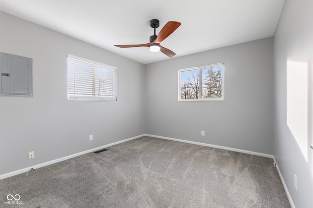 carpeted spare room with ceiling fan, a healthy amount of sunlight, and electric panel