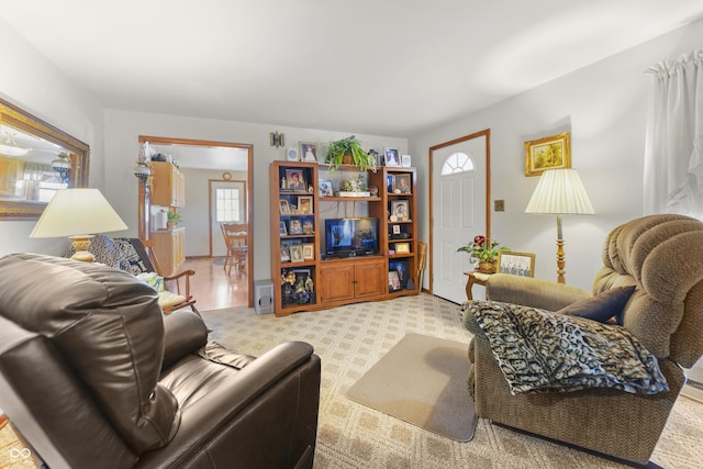 living room with light carpet