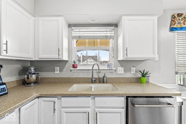 kitchen with white cabinetry, stainless steel dishwasher, and sink