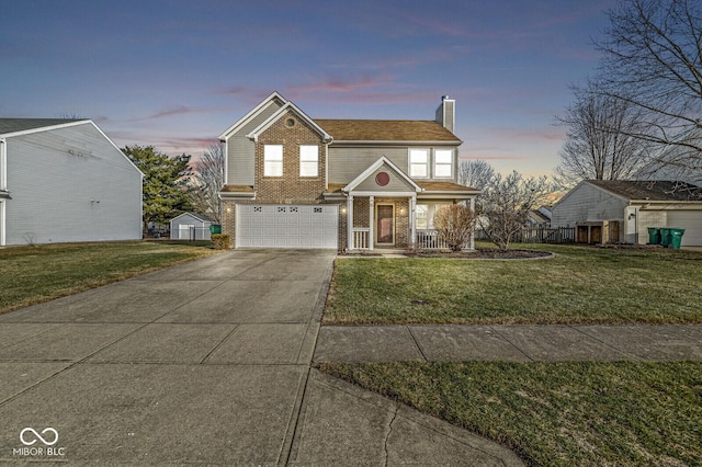 view of front of house featuring a garage, a porch, and a yard