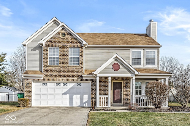 view of front of home with a garage, covered porch, and a front yard