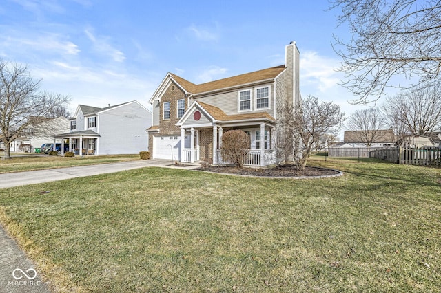 view of front facade with a porch, a garage, and a front yard