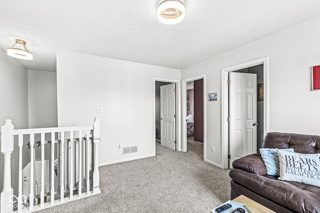 interior space featuring a textured ceiling and carpet flooring