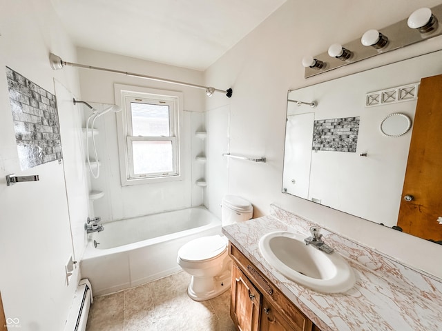 full bathroom featuring tile patterned flooring, vanity, a baseboard radiator, shower / bathtub combination, and toilet