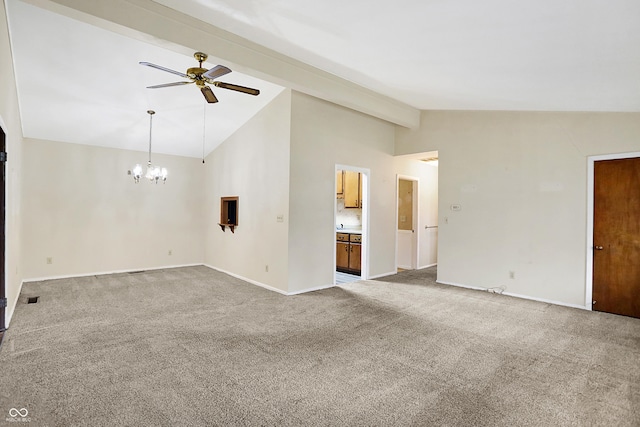 empty room featuring beamed ceiling, high vaulted ceiling, ceiling fan with notable chandelier, and carpet floors