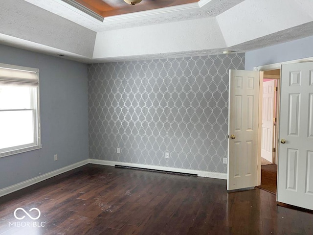 spare room with a tray ceiling, dark hardwood / wood-style floors, and a textured ceiling