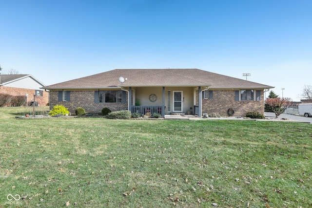 single story home with a front lawn and a porch