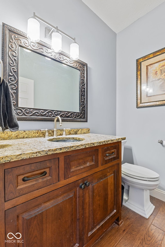 bathroom featuring vanity, hardwood / wood-style floors, and toilet