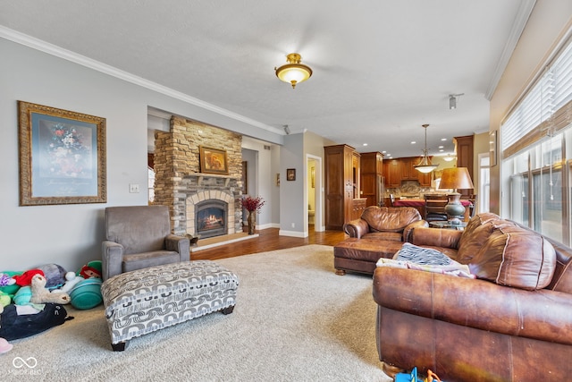 living room featuring hardwood / wood-style floors, a stone fireplace, and ornamental molding