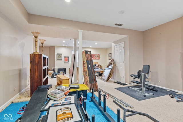 workout area with carpet flooring