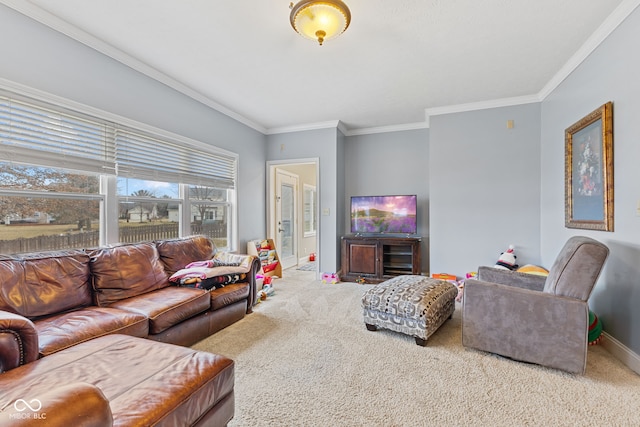 carpeted living room with crown molding