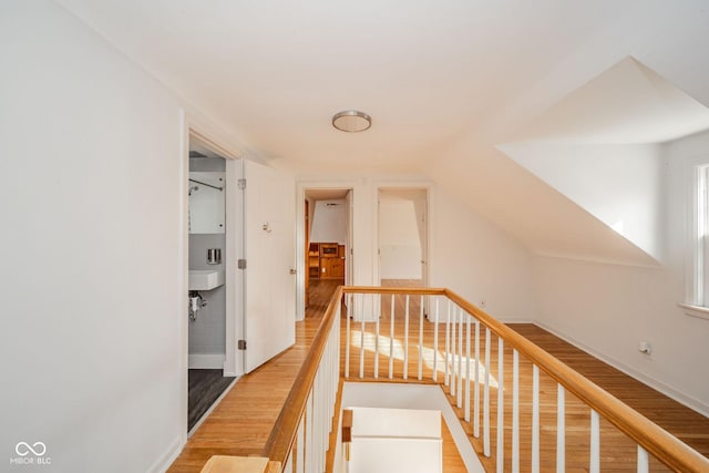 corridor featuring lofted ceiling and hardwood / wood-style floors