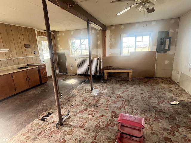 interior space with plenty of natural light, radiator heating unit, electric panel, and ceiling fan