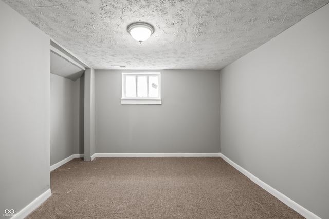 basement featuring carpet and a textured ceiling