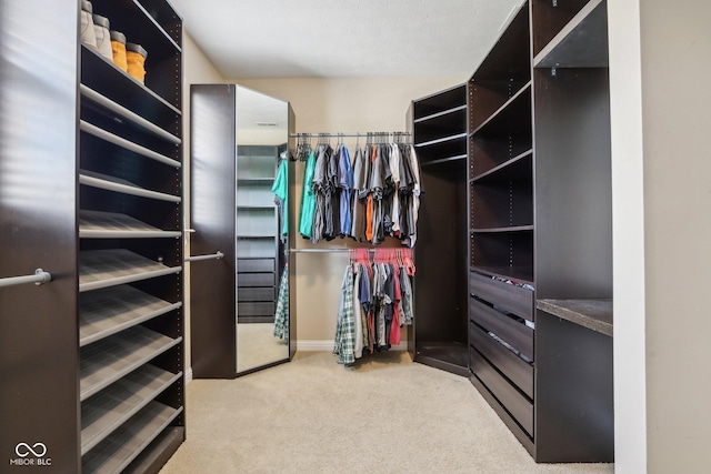 walk in closet with light carpet