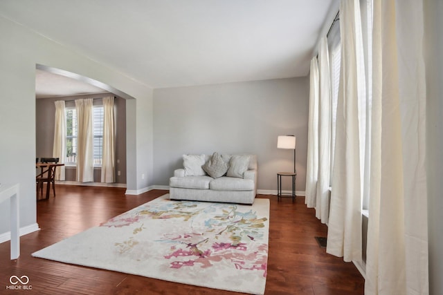 living room featuring dark wood-type flooring