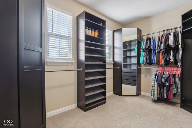 spacious closet featuring light carpet