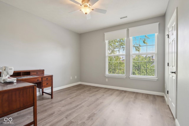 home office with ceiling fan and light hardwood / wood-style floors