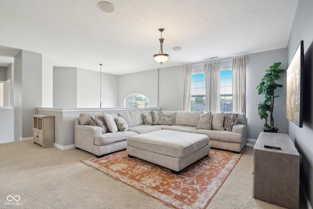 living room featuring light colored carpet