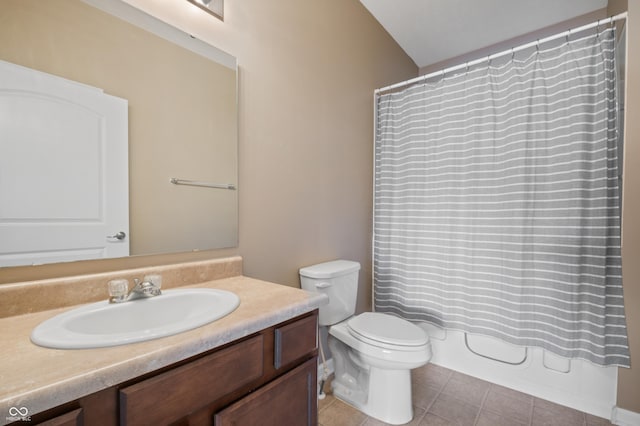 full bathroom with shower / bath combination with curtain, tile patterned floors, toilet, and vanity