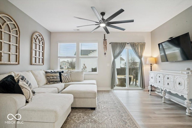 living room with ceiling fan and light wood-type flooring