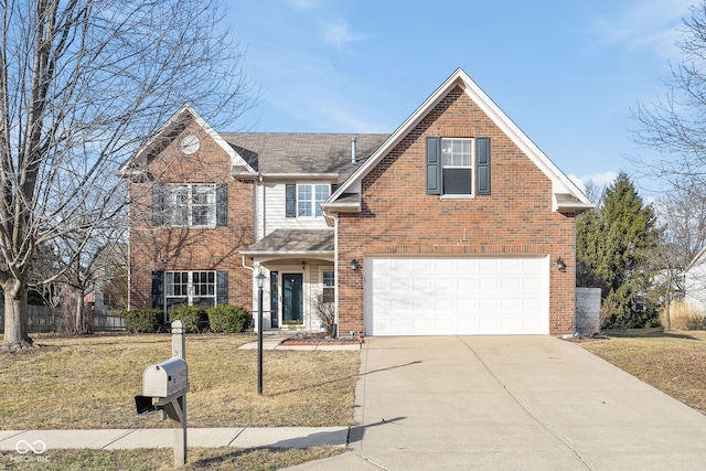 front facade featuring a garage and a front yard