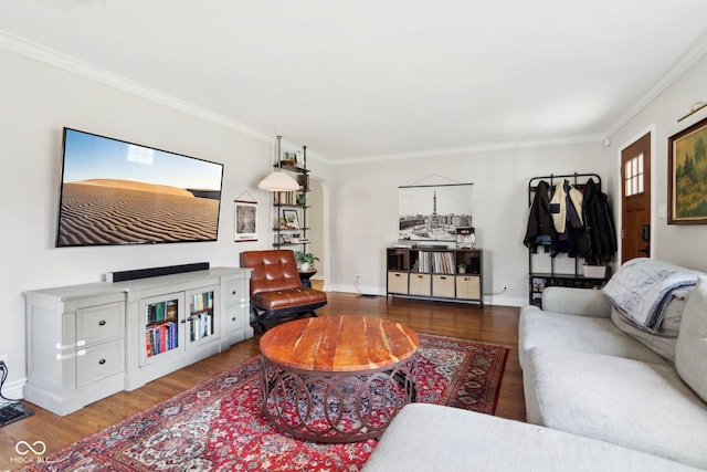 living room with crown molding and wood-type flooring