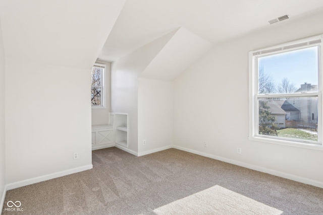 additional living space with light colored carpet, a healthy amount of sunlight, and vaulted ceiling