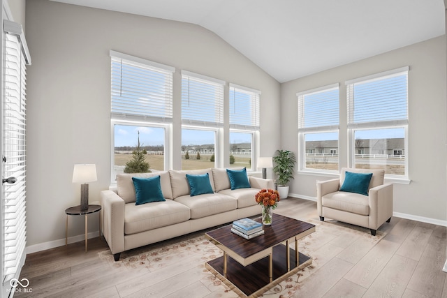 living room with high vaulted ceiling and light hardwood / wood-style floors