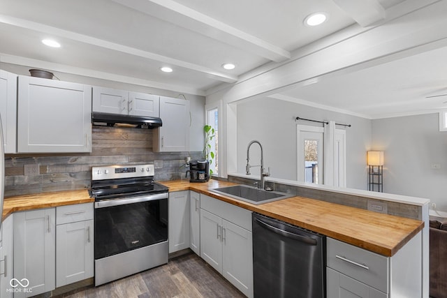 kitchen with dishwashing machine, sink, wooden counters, stainless steel range with electric stovetop, and kitchen peninsula