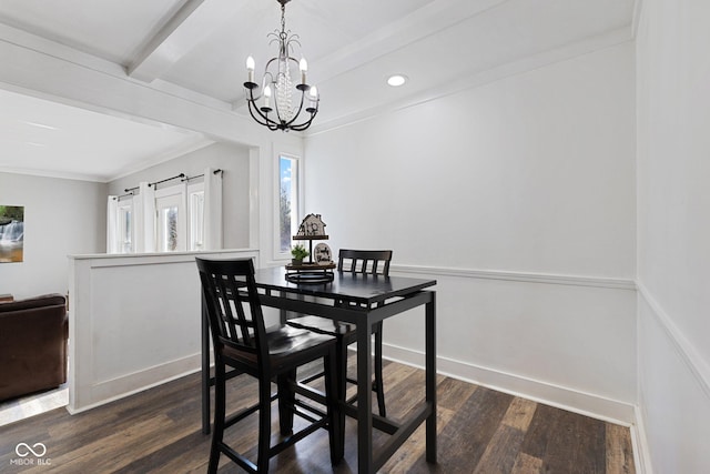 dining room with crown molding, dark hardwood / wood-style flooring, beam ceiling, and a notable chandelier