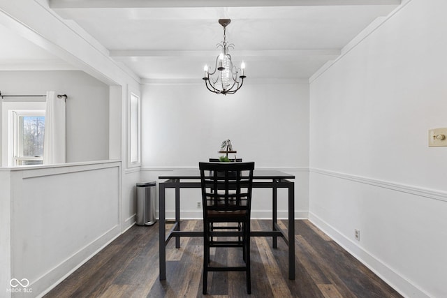 dining space with an inviting chandelier, dark wood-type flooring, and beamed ceiling